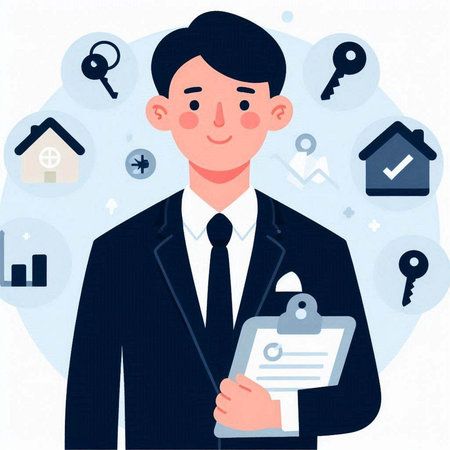 Real estate agent. Young man with house keys. Vector illustration.のイラスト素材