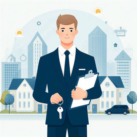 Real estate agent with keys in hand. Vector illustration in flat styleのイラスト素材