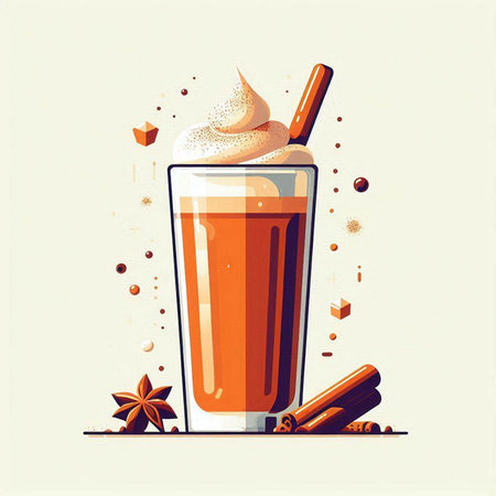Vector illustration of a glass of coffee with whipped cream and cinnamon.のイラスト素材