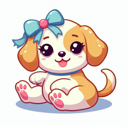 Cute cartoon dog with blue bow. Vector illustration isolated on white background.のイラスト素材