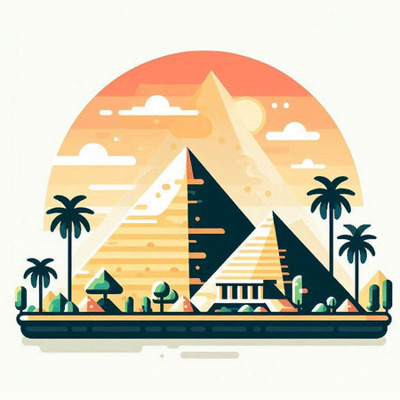 Egyptian pyramids and palm trees in flat style. Vector illustrationのイラスト素材