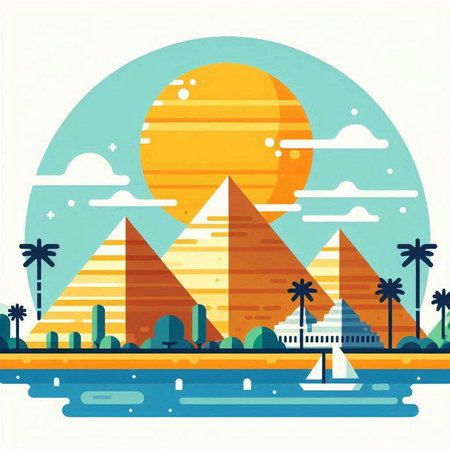 Egyptian pyramids and palm trees in flat style. Vector illustrationのイラスト素材