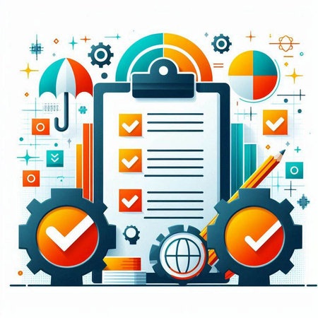 Vector illustration of business and technology concept. Clipboard with checklist, cogwheels, icons and graphs.のイラスト素材