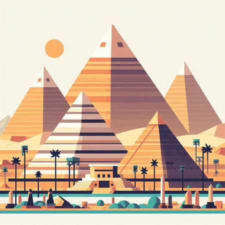 Egyptian pyramids with palm trees. Vector illustration in flat styleのイラスト素材