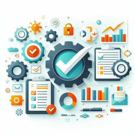 Modern flat design vector illustration concept of software development process with gears, cogwheels and icons.のイラスト素材