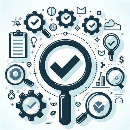 Magnifying glass with check mark and business icons. Vector illustration.のイラスト素材