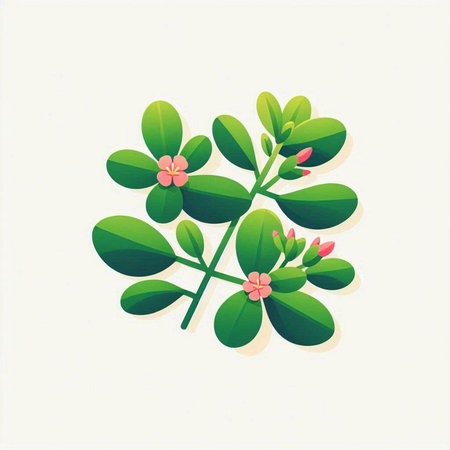 Illustration of a green leaf with flowers on a white background.のイラスト素材