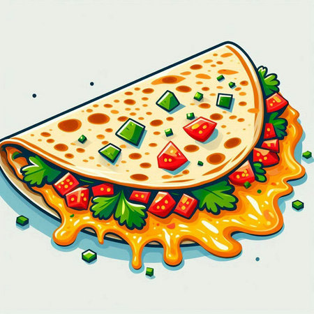 Illustration of a pizza with parsley and tomato sauce on a white backgroundのイラスト素材
