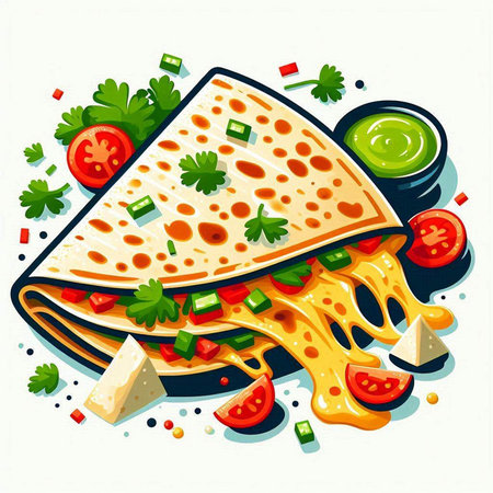 Illustration of a tortilla with cheese, tomato, parsley and guacamoleのイラスト素材