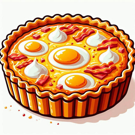 Illustration of a freshly baked pie with eggs on white background.のイラスト素材