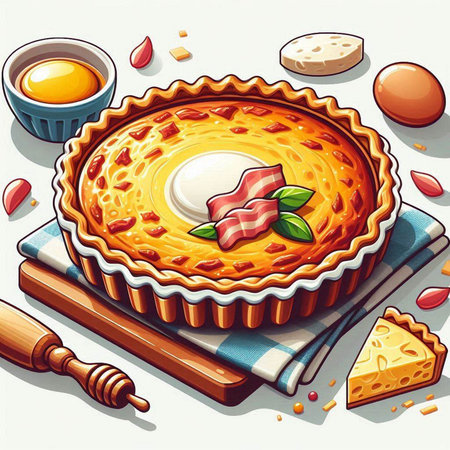 Illustration of a pie with eggs and bacon on a white backgroundのイラスト素材
