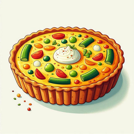 Illustration of a pie with vegetables and sour cream on a white backgroundのイラスト素材