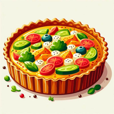 Vector illustration of a pie with tomatoes, mozzarella and basilのイラスト素材