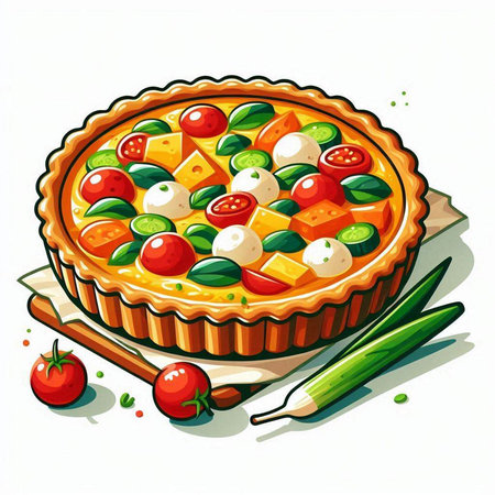 Illustration of a pie with tomatoes, mozzarella and green onionsのイラスト素材