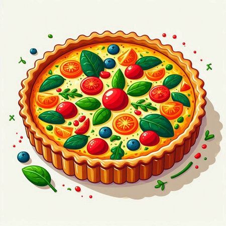 Illustration of a pie with tomatoes and blueberries on a white backgroundのイラスト素材