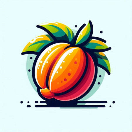 Peach fruit icon. Vector illustration of peach fruit with green leaves on blue background.のイラスト素材