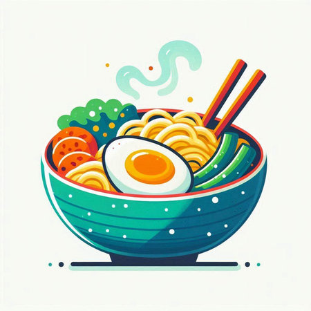 Bowl of noodle with egg and vegetables. Vector illustration.のイラスト素材