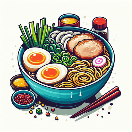 Illustration of ramen noodle bowl with chopsticks and vegetablesのイラスト素材