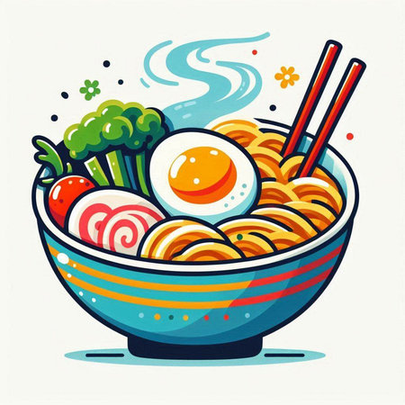 Bowl of ramen noodle with egg and vegetables. Vector illustration.のイラスト素材