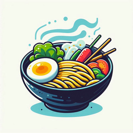 Illustration of udon noodles in bowl with chopsticks and vegetablesのイラスト素材