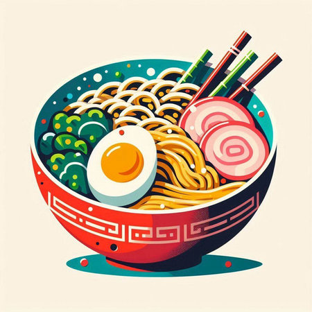 Noodles in bowl with chopsticks and egg, vector illustrationのイラスト素材