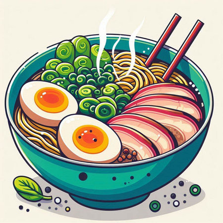 Illustration of a bowl of ramen noodle with pork and eggのイラスト素材