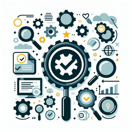 Search engine optimization concept. Magnifying glass with gear wheel. Vector illustrationのイラスト素材