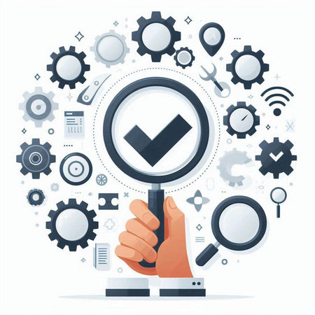 Vector illustration of human hand holding magnifying glass with check mark and gears.のイラスト素材