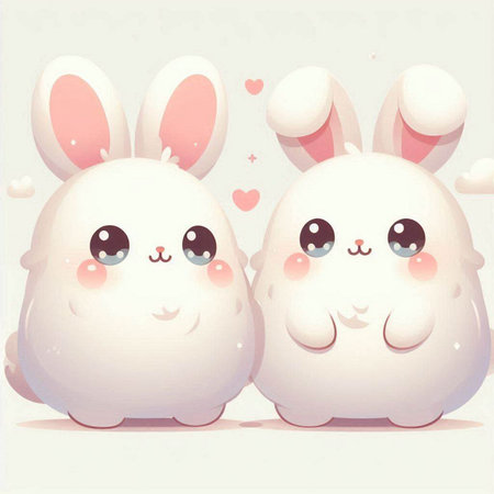 Cute couple of white rabbits with hearts on a light background.のイラスト素材