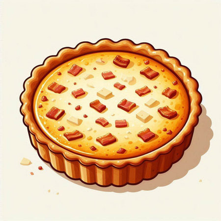 Illustration of a pie with bacon and cheese on a white backgroundのイラスト素材