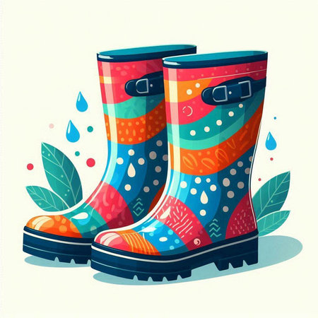 Rubber boots with colorful pattern and drops of water. Vector illustration.のイラスト素材