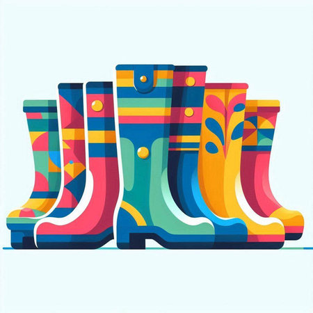 Colorful rubber boots on white background. Vector illustration in flat styleのイラスト素材