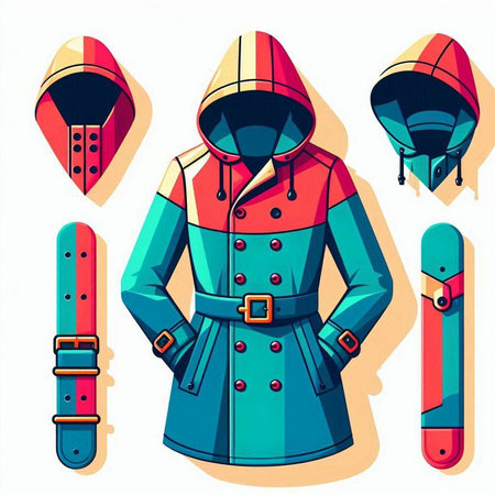Vector illustration of a winter coat with snowboard, helmet and goggles.のイラスト素材