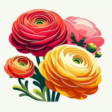 Vector illustration of a bouquet of colorful ranunculus flowers.のイラスト素材