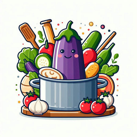Vegetables in a pot. Vector illustration in cartoon style.のイラスト素材