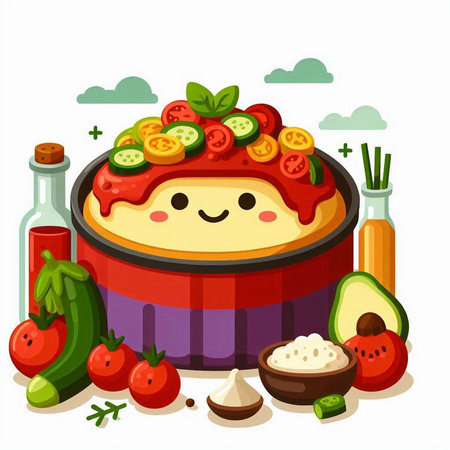 Illustration of a Cute Homemade Vegetable Pie in a Bowlのイラスト素材