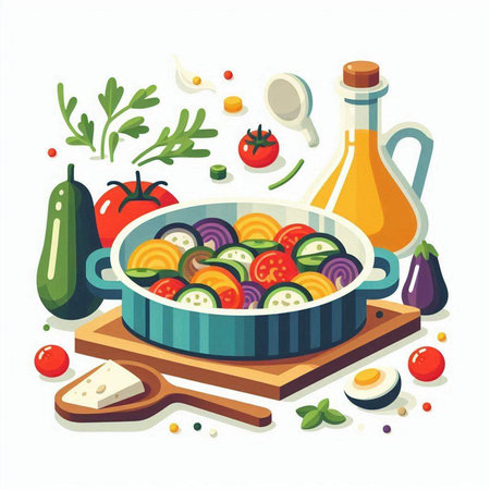 Vegetable salad in a frying pan. Vector illustration on white background.のイラスト素材