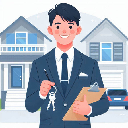 Real estate agent holding keys to new house. Vector illustration in cartoon styleのイラスト素材