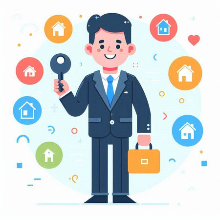 Real estate agent holding a key in his hand. Vector illustration.のイラスト素材