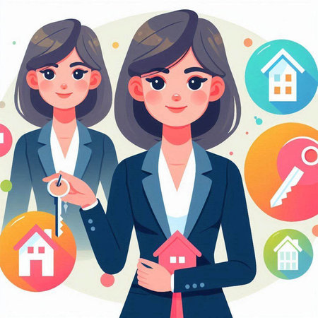 Real estate agent woman. Vector illustration of a real estate agent with a customer.のイラスト素材