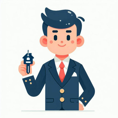 Real estate agent holding a key. Vector illustration in cartoon style.のイラスト素材