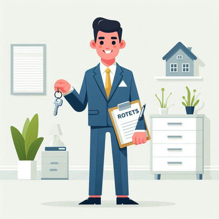 Real estate agent with keys and clipboard. Vector illustration in flat styleのイラスト素材
