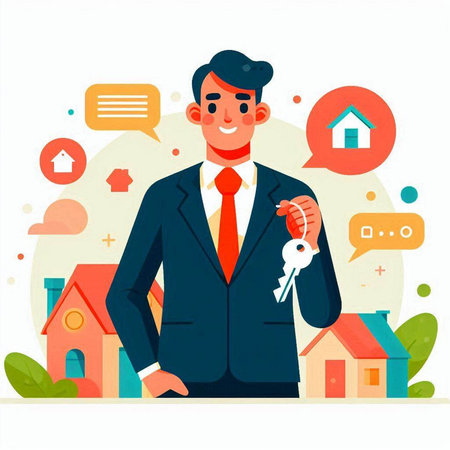 Real estate agent with keys in hand. Vector illustration in flat styleのイラスト素材