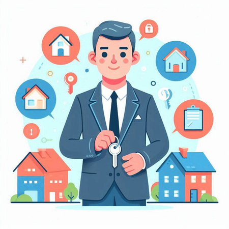 Real estate agent with keys in hands. Vector illustration in flat styleのイラスト素材