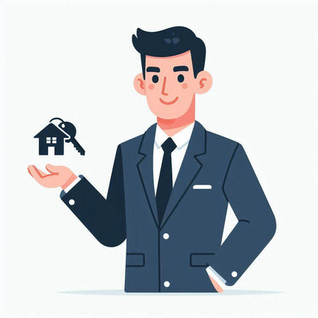 Real estate agent holding a house and key. Vector illustration in cartoon style.のイラスト素材