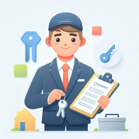 Real estate agent holding keys and clipboard. Vector illustration in cartoon styleのイラスト素材