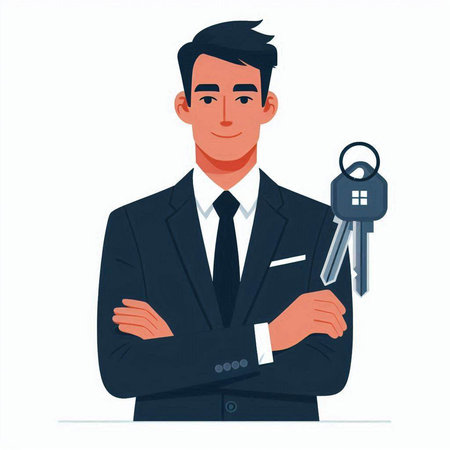 Real estate agent with keys. Vector illustration in flat cartoon style.のイラスト素材