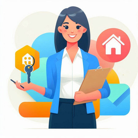 Real estate agent woman holding clipboard and mobile phone. Vector illustration.のイラスト素材