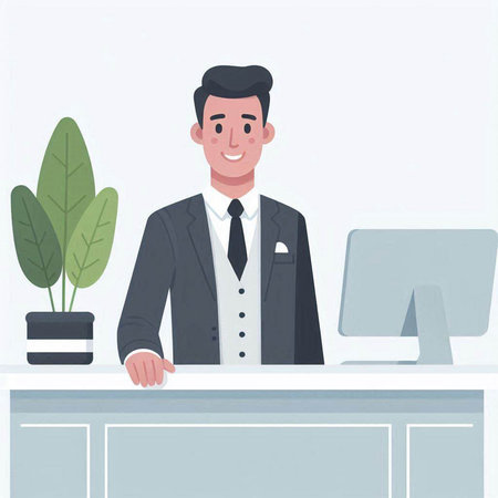 Vector illustration of a happy businessman sitting at the desk in office.のイラスト素材