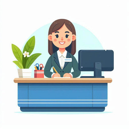 Female receptionist working at the desk. Vector illustration in cartoon style.のイラスト素材